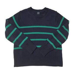 Gap Womens Navy Blue Green Striped Crewneck Knit Pullover Sweater Size M